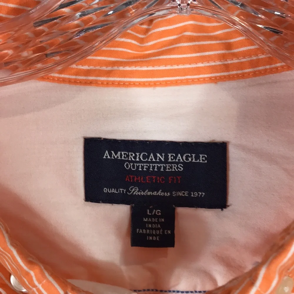 American Eagle Button Down Shirt Collared Pin strips Men size Large Orange white - Picture 4 of 9